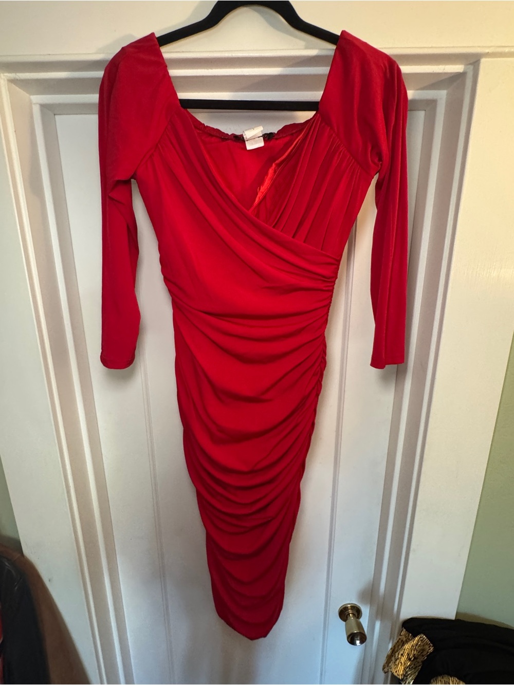 Red Ruched Long-Sleeve Midi Dress